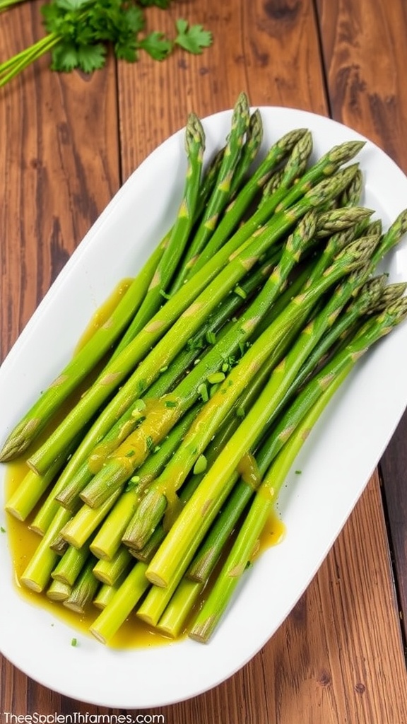 Fresh asparagus drizzled with tangy vinaigrette, garnished with herbs on a rustic table.